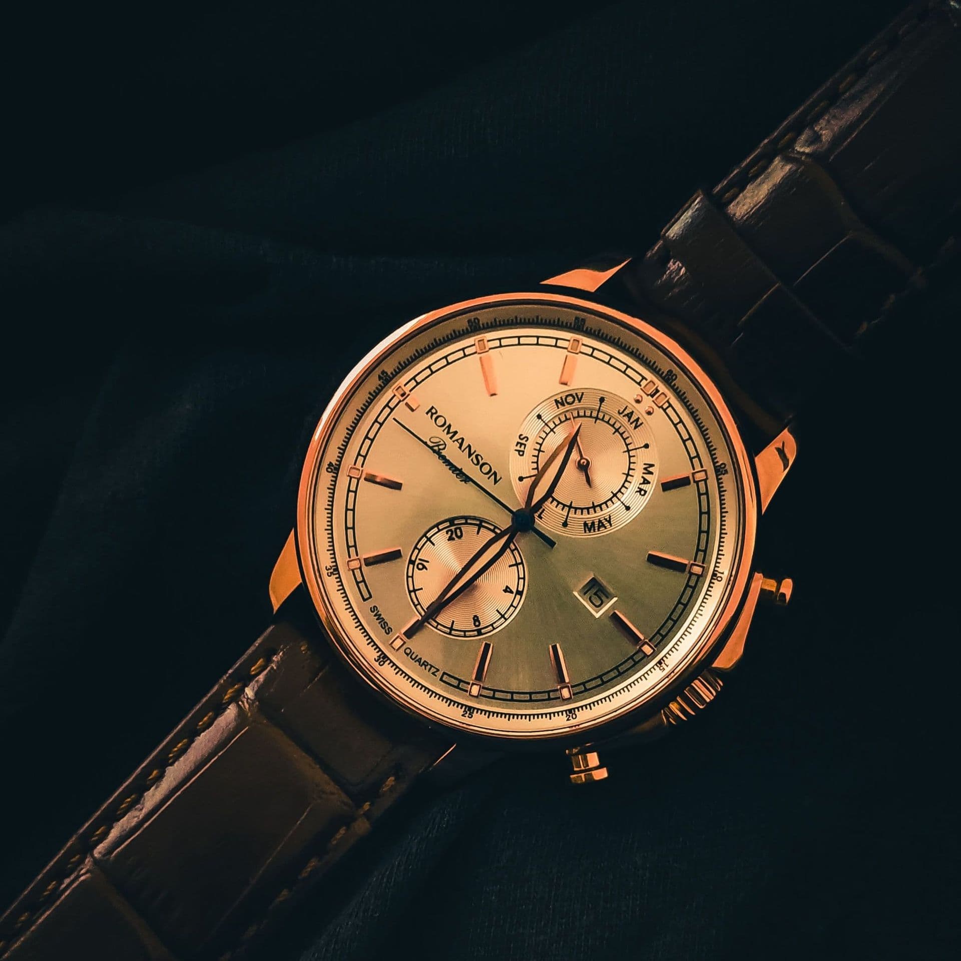 A chronograph with a champagne dial